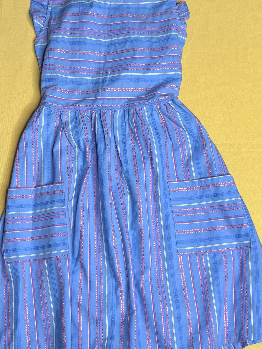Blue Striped Girls' Dress with Pink Accent